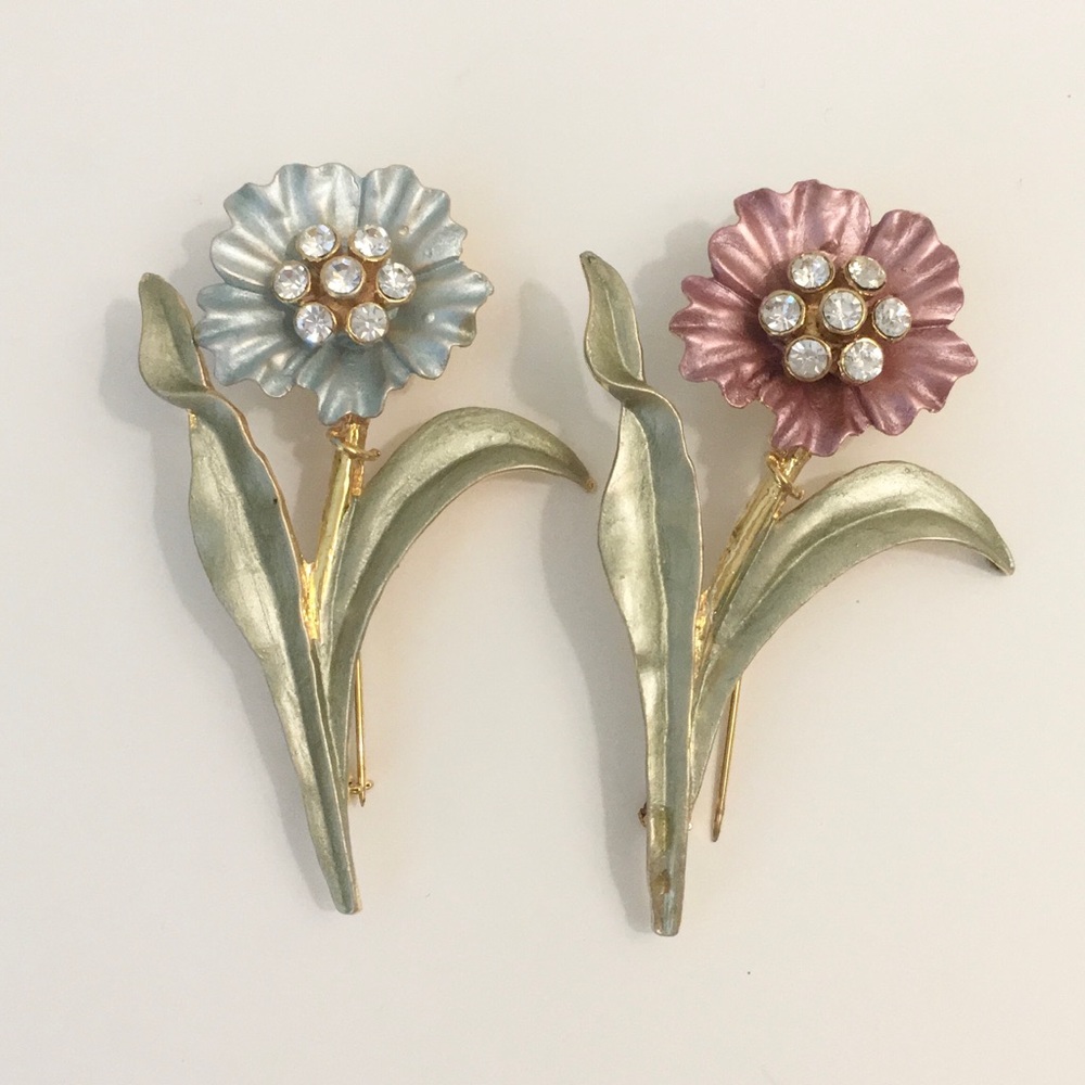 2 Vintage Blue & Pink Flower Rhinestone Pins Brooches